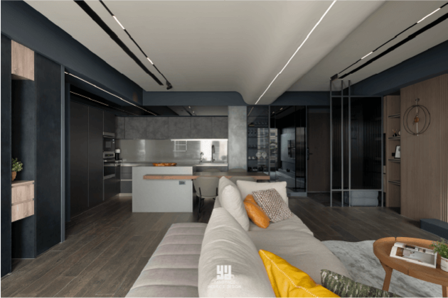 泰御天鑄現代宅設計：從餐廳視角望向客廳，展現出低彩度暗色調中的空間層次，結合圓弧天花板與大面窗景，讓生活節奏更顯從容。