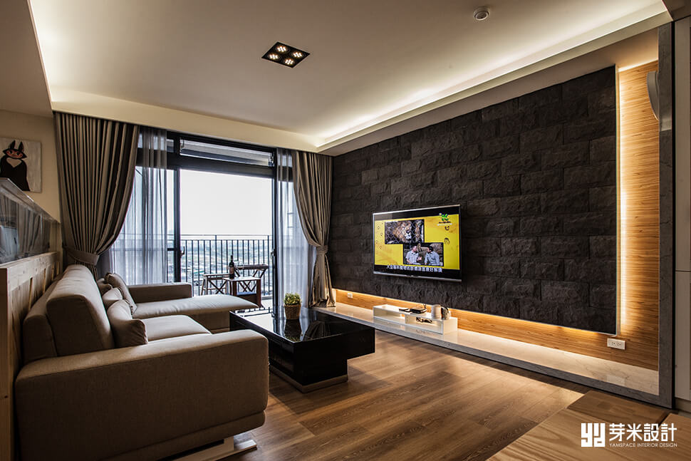 深咖啡色石材電視牆-客廳空間設計