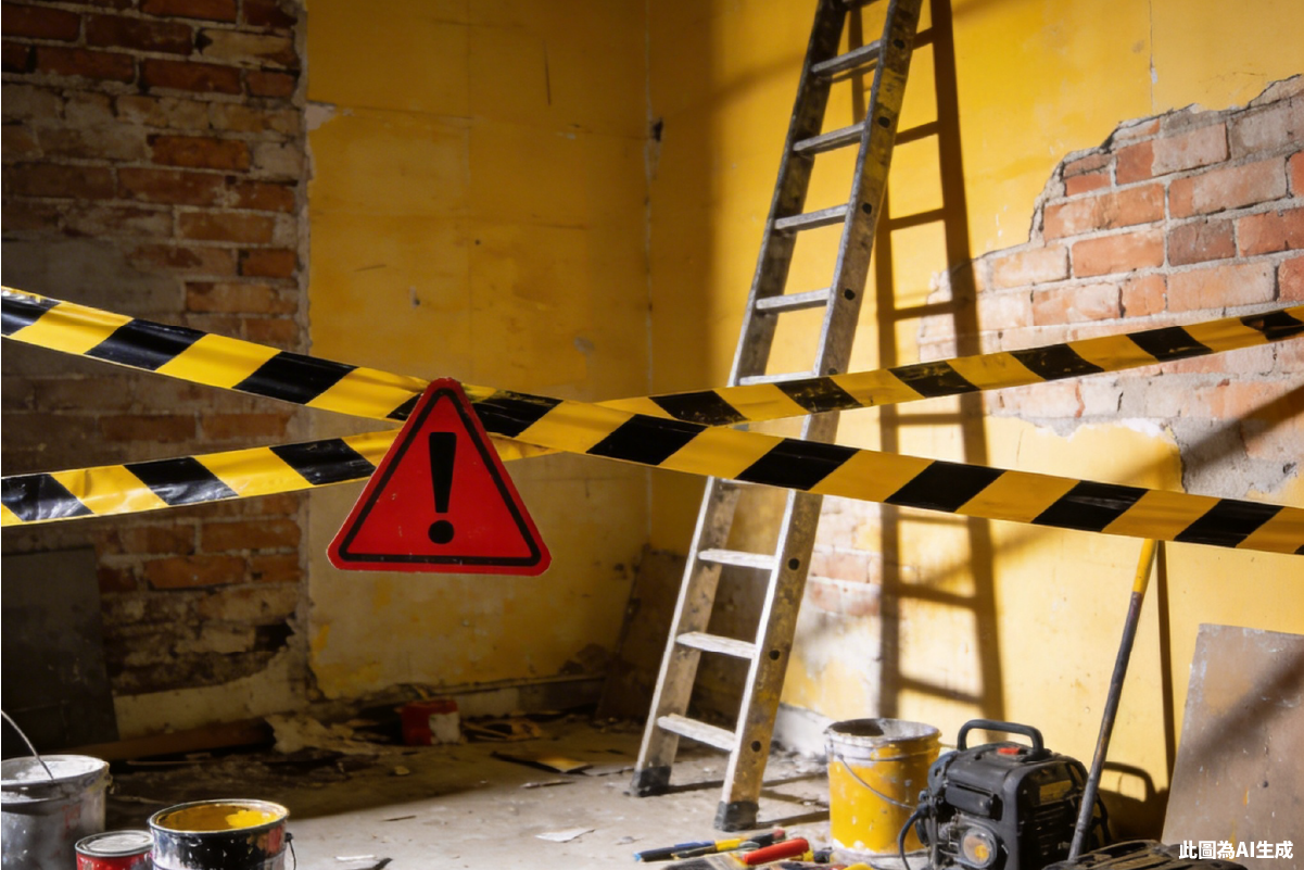 未申請室內裝修許可的處罰 室內裝修違法停工與警告示意圖